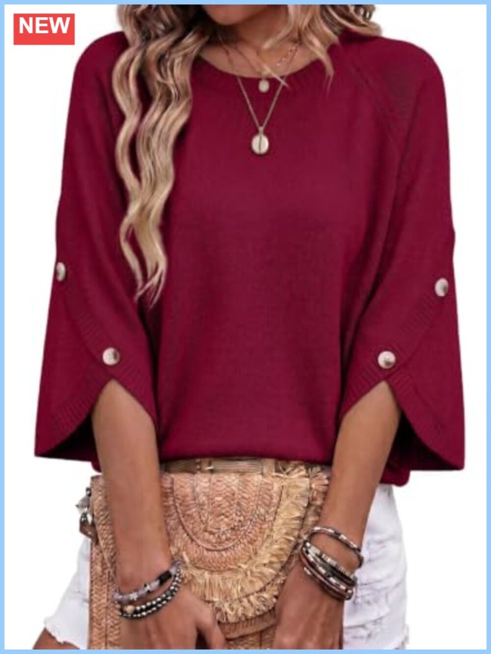 Oversized Knit Pullover Sweater 3/4 Button Sleeve Casual Lightweight